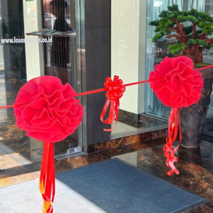 Pita peresmian gunting pita opening pita satin Tille merah set gunting pita grand opening set lengkap gunting peresmian siap pakai pom pom